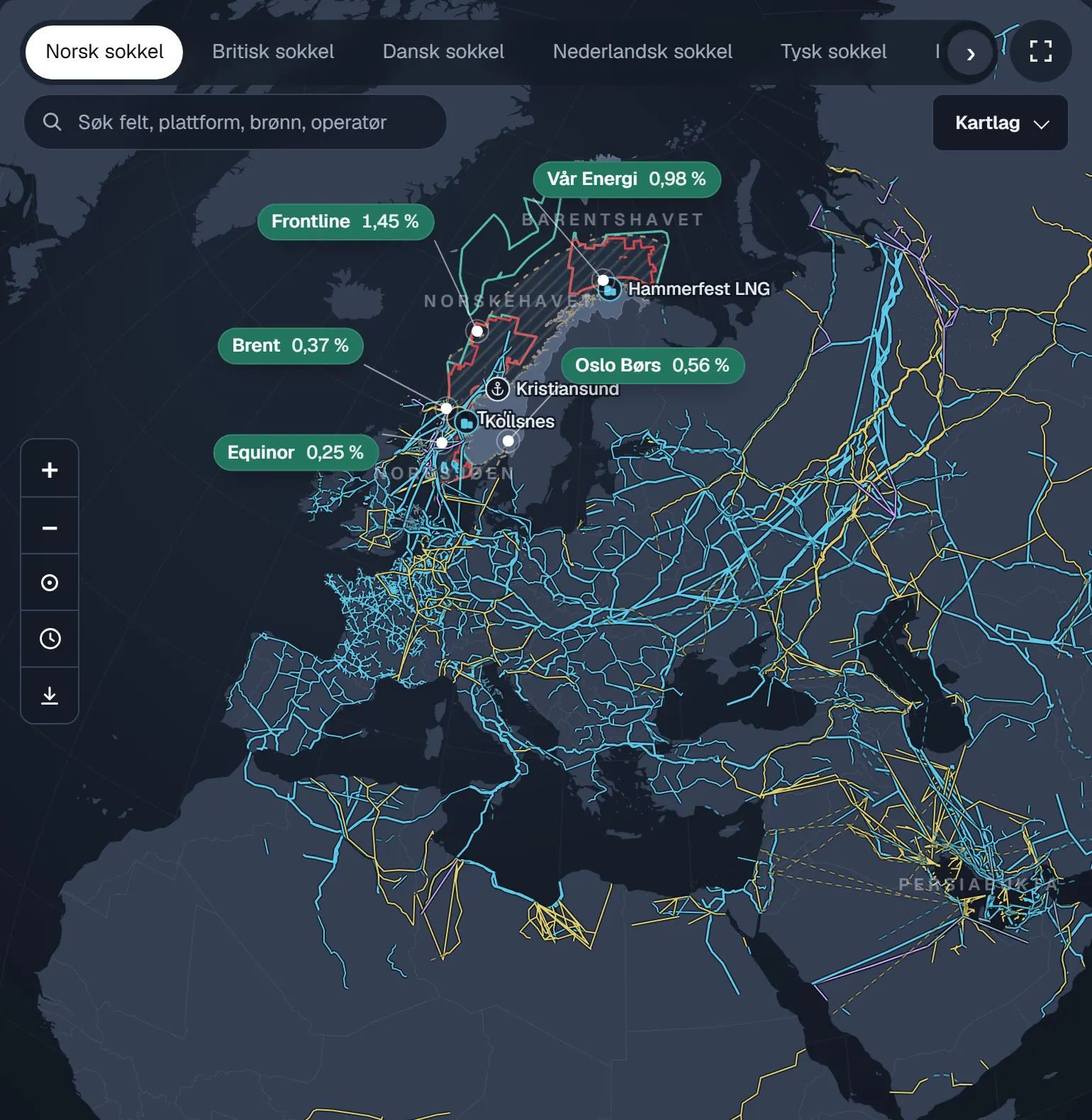 Jordkloden på analysesiden med rørledninger i Europa, Russland, Nord-Afrika og Midtøsten, norsk sokkel og kurser